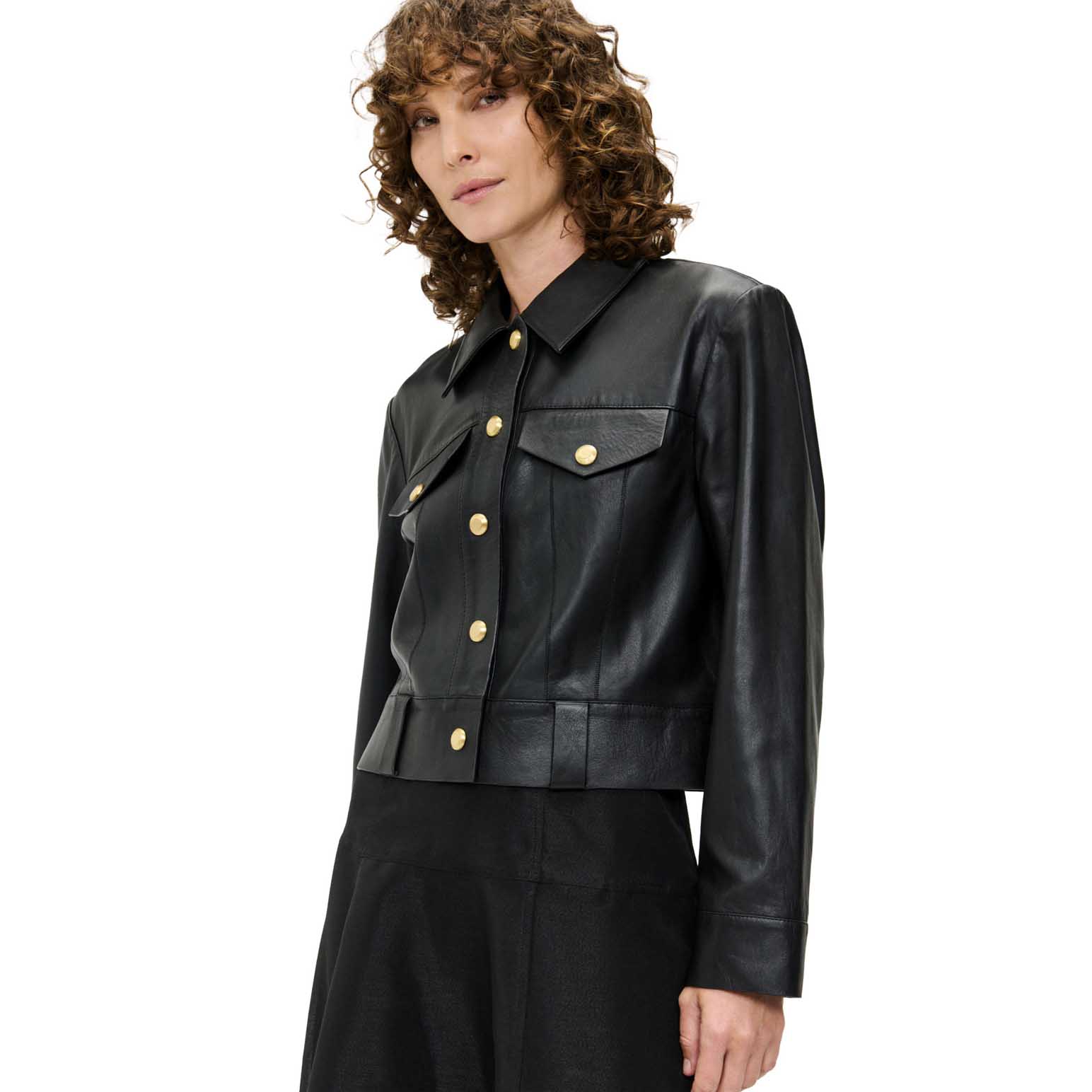 Veronika Maine Leather Button Through Cropped Jacket